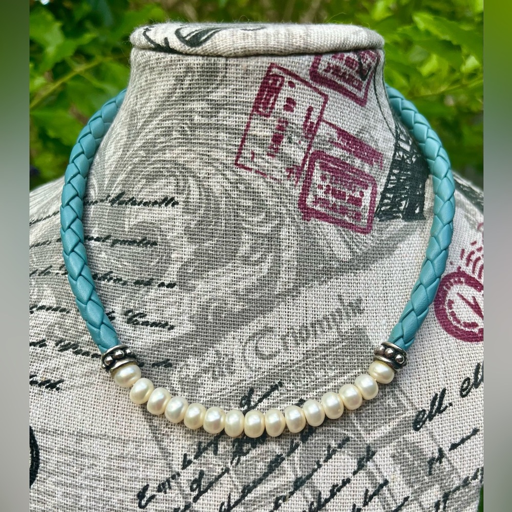 Honora Cultured Pearl and Braided Leather in Blue with Sterling Silver clasp - Picture 5 of 6